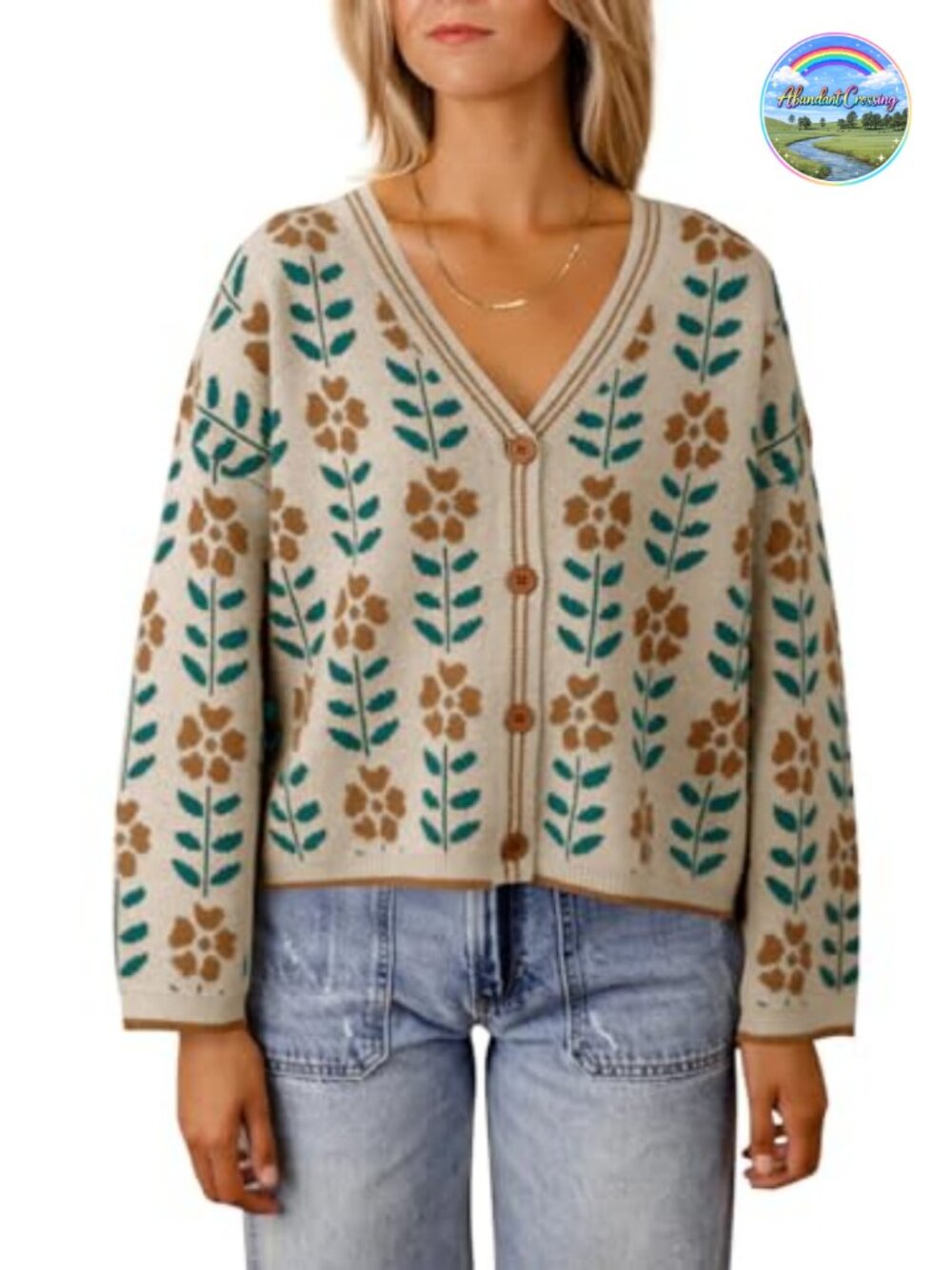 Womens Floral Print V Neck Button Down Knit Cardigan Long Sleeve Loose